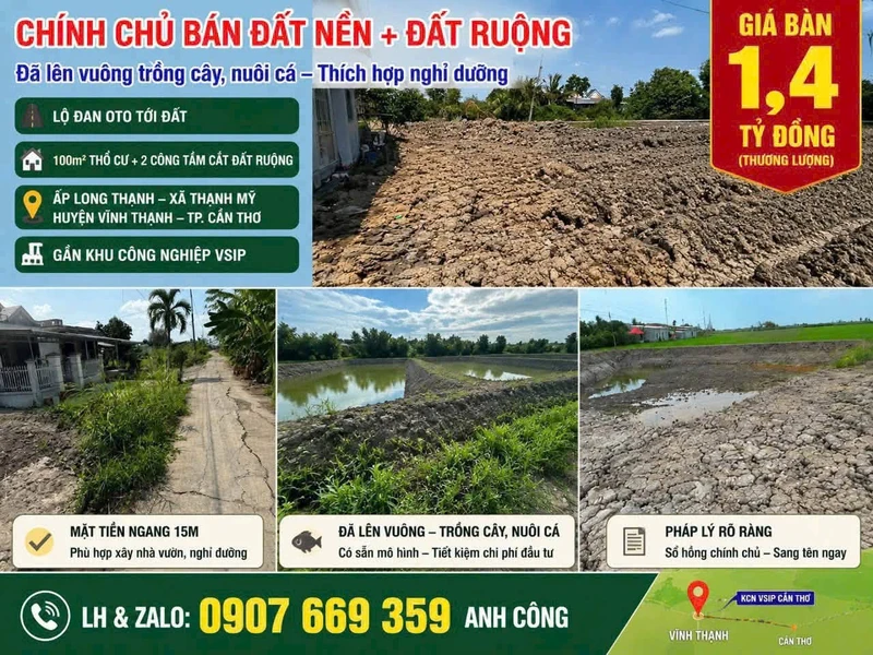 Bán đất thổ cư 100m2 kèm đất ruộng, mặt tiền lộ đal tại Thạnh Mỹ, Vĩnh Thạnh, Cần Thơ