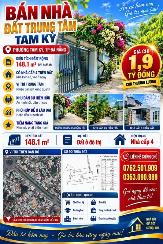 Bán nhà đất 148m² trung tâm Tam Kỳ 1,9 tỷ
