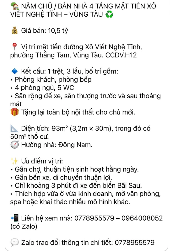 Bán nhà 4 tầng mặt tiền Xô Viết Nghệ Tĩnh, Vũng Tàu, 93m2, 10,5 tỷ