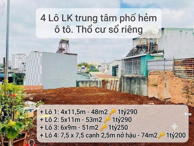 Bán 4 lô đất có sổ hồng riêng Buôn Ma Thuột 48-74m²