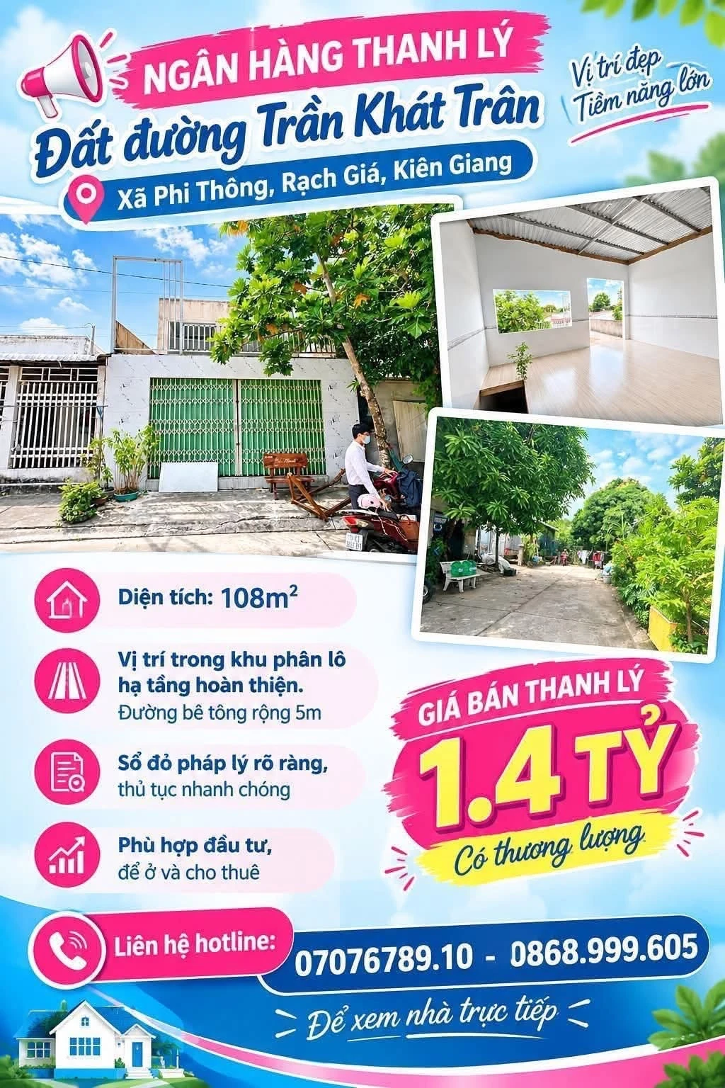 Bán đất 108 m2 Trần Khát Chân, Rạch Giá, 1,4 tỷ - Ảnh 1
