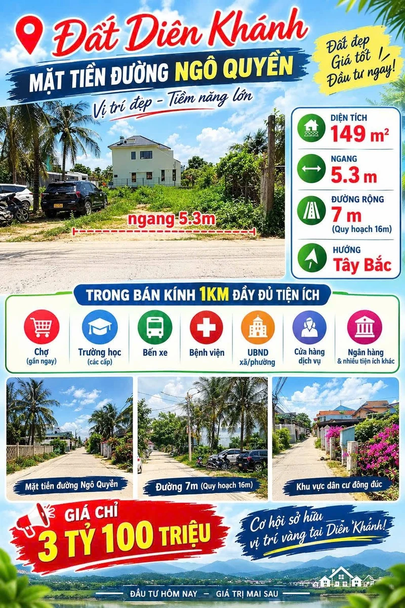 Bán đất Diên Khánh mặt đường Ngô Quyền 149m2, 3 tỷ 100 triệu - Ảnh 1