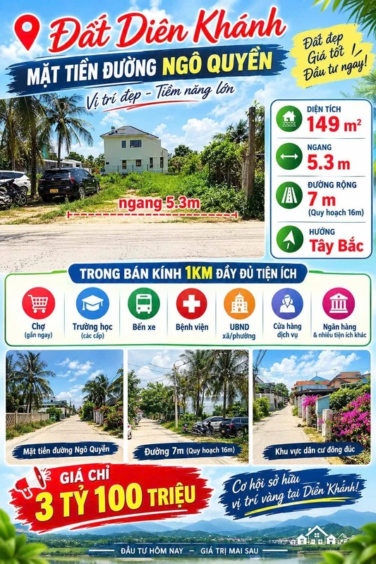 Bán đất Diên Khánh mặt đường Ngô Quyền 149m2, 3 tỷ 100 triệu