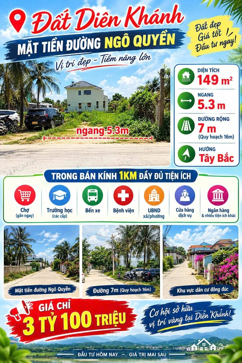 Bán đất Diên Khánh mặt đường Ngô Quyền 149m2, 3 tỷ 100 triệu - Ảnh 1