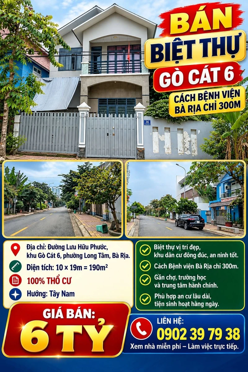 Bán biệt thự 190m² Gò Cát 6, Bà Rịa 6 tỷ - Ảnh 1