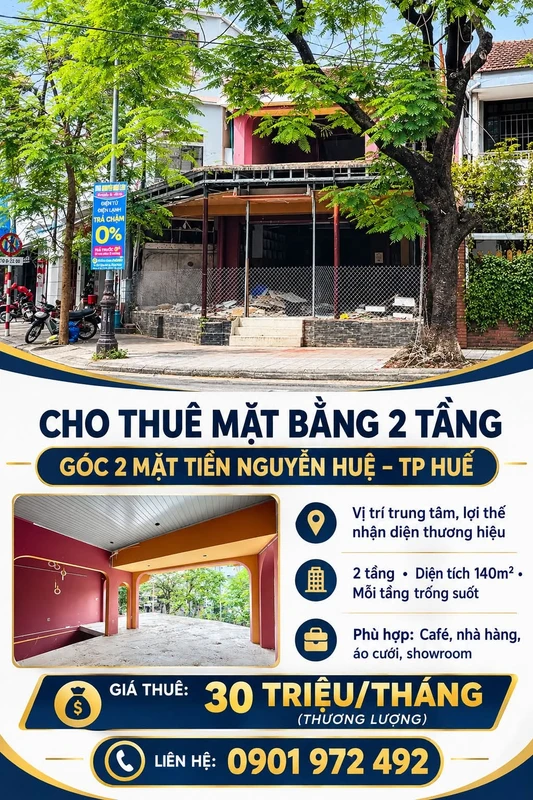 Cho thuê mặt bằng 2 tầng góc mặt tiền Nguyễn Huệ, Huế, 140m²
