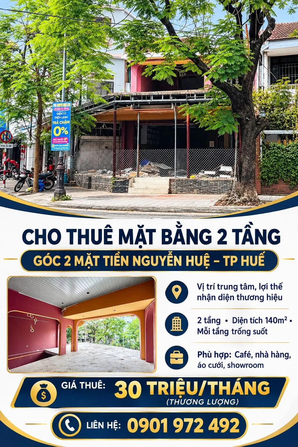 Cho thuê mặt bằng 2 tầng góc mặt tiền Nguyễn Huệ, Huế, 140m² - Ảnh 1