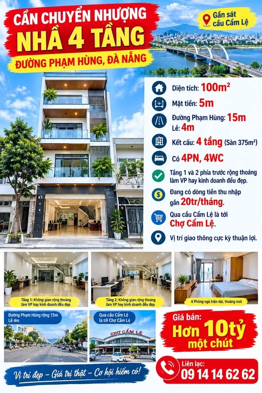 Bán nhà 4 tầng mặt tiền đường Phạm Hùng, gần cầu Cẩm Lệ, Đà Nẵng, 100m2