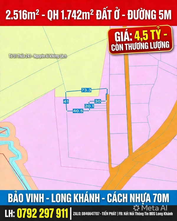 Đất nền 2.516m² sổ chính chủ Bảo Vinh, Long Khánh, 4,5 tỷ
