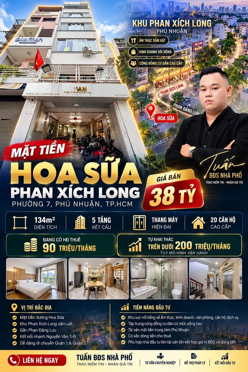 Bán nhà mặt tiền Hoa Sữa 134m2, 5 tầng thang máy, 20 căn hộ, 38 tỷ, Phú Nhuận - Ảnh 1