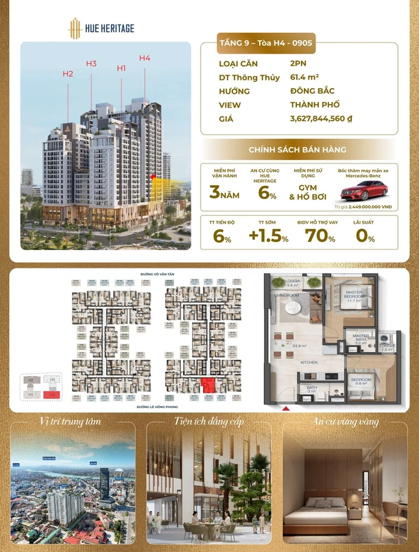 Bán căn hộ 2PN 61.4m² tòa H4 giá 3.683 tỷ Huế Heritage