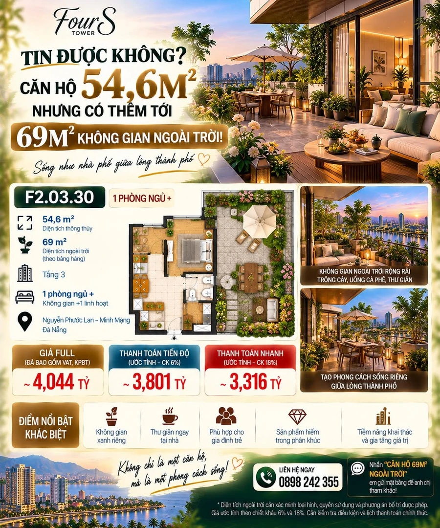 Bán căn hộ 1PN 54,6m² + 69m² ngoài trời tại FourS Tower Đà Nẵng - Ảnh 1