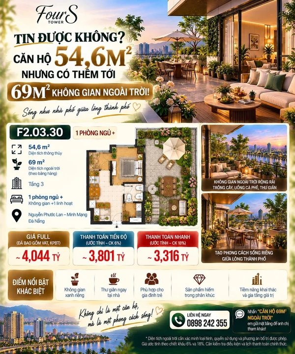 Bán căn hộ 1PN 54,6m² + 69m² ngoài trời tại FourS Tower Đà Nẵng