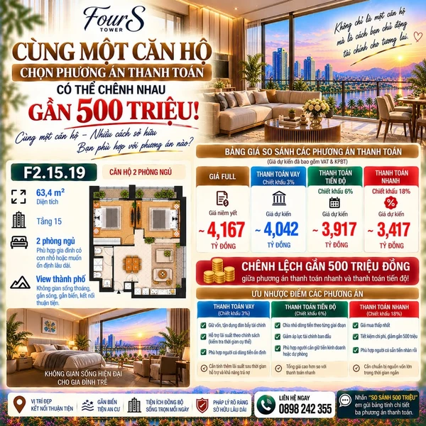 Bán căn hộ 2PN 63.4m² FourS Tower Đà Nẵng 4.167 tỷ