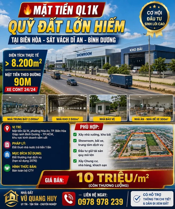 Bán đất mặt tiền QL1K Biên Hòa 8.200m² 10 triệu/m²