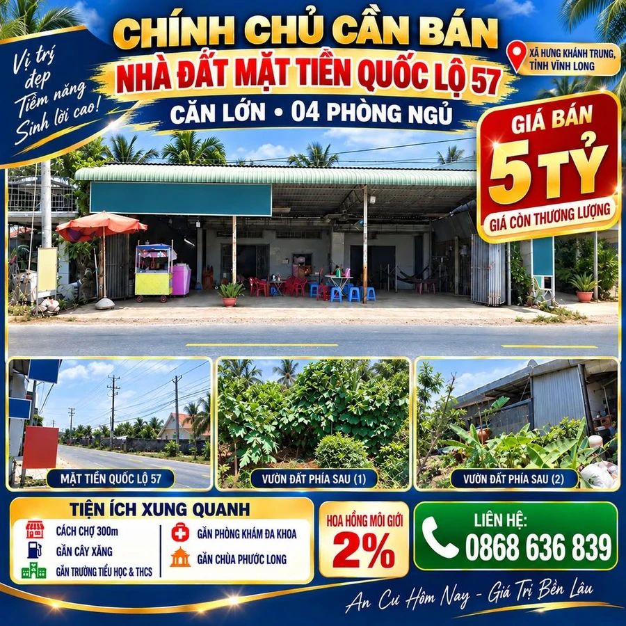 Bán nhà đất mặt tiền Quốc lộ 57, Vĩnh Long, 457,7 m² - Ảnh 1