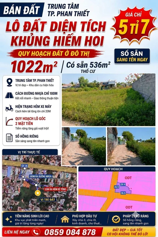 Bán đất 1022m2 sổ cư tại Phan Thiết 5.7 tỷ