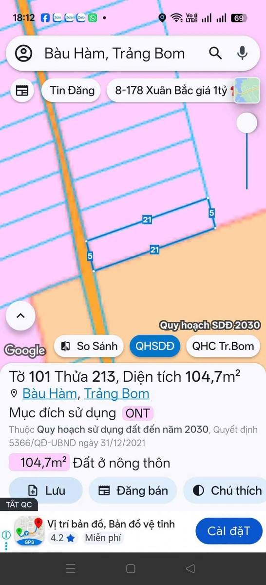 Bán lô đất thổ cư 5x21m sổ riêng giá 390 triệu gần ngã tư Tân Lập, Bàu Hàm - Ảnh 1