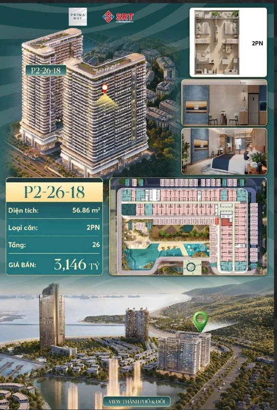 Bán căn 2PN 2VS 56.86m² Prima Bay Hạ Long 2.6 tỷ