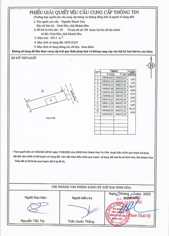 Bán đất mặt tiền Tỉnh Lộ 7 Bắc Ninh Hòa 585,5m2, 3,5 tỷ
