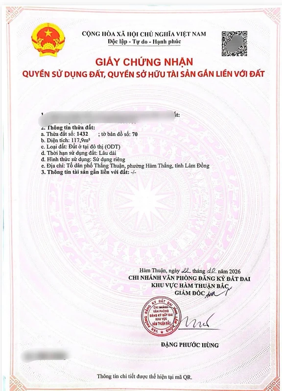 Bán đất nền 117,9m² Hàm Thắng, Lâm Đồng, sổ hồng riêng