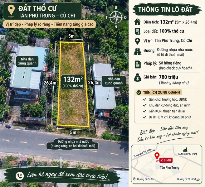 Bán lô đất 132m2 full thổ cư giá 780 triệu tại Tân Phú Trung, Củ Chi