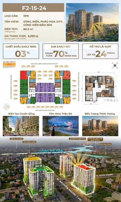 Bán căn hộ 3PN 86,3m² view sông biển Four S Tower F2 Sun Riverpolis Đà Nẵng giá 6,199 tỷ
