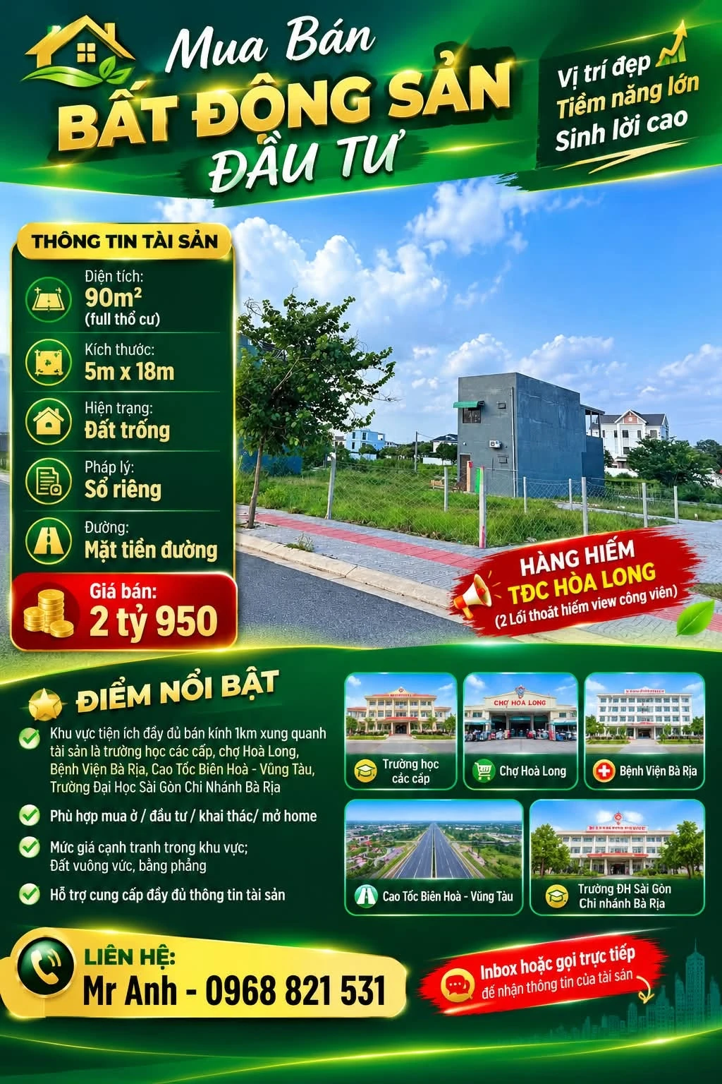 Bán lô đất góc 87.5m² view công viên, Hòa Long - Ảnh 1