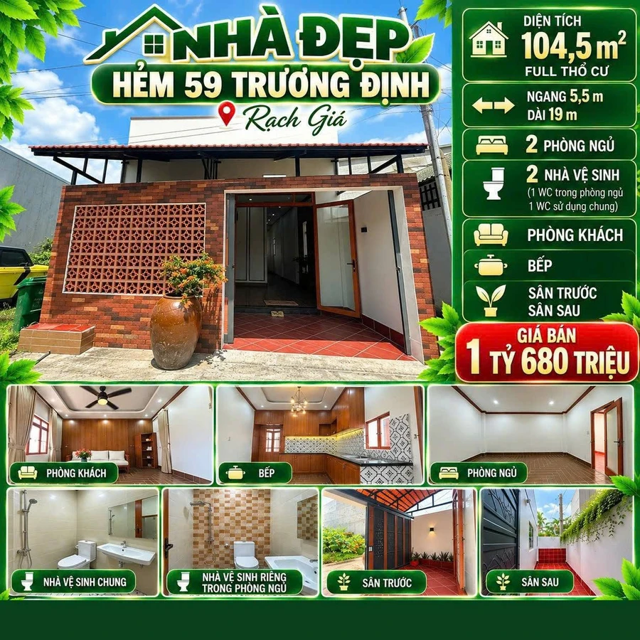 Bán nhà hẻm Trương Định Rạch Giá 104.5m² 1 tỷ 690 triệu - Ảnh 1