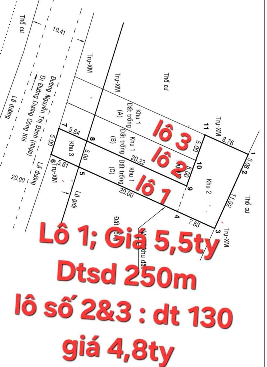 Bán 3 lô đất mặt tiền Nguyễn Thị Đành, Hóc Môn, 130-250m², từ 4,8 tỷ - Ảnh thu nhỏ 3