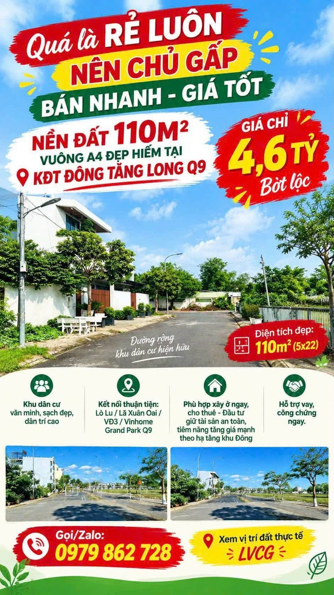 Bán đất 110m² Quận 9 Đông Tăng Long 4,6 tỷ - Ảnh 1