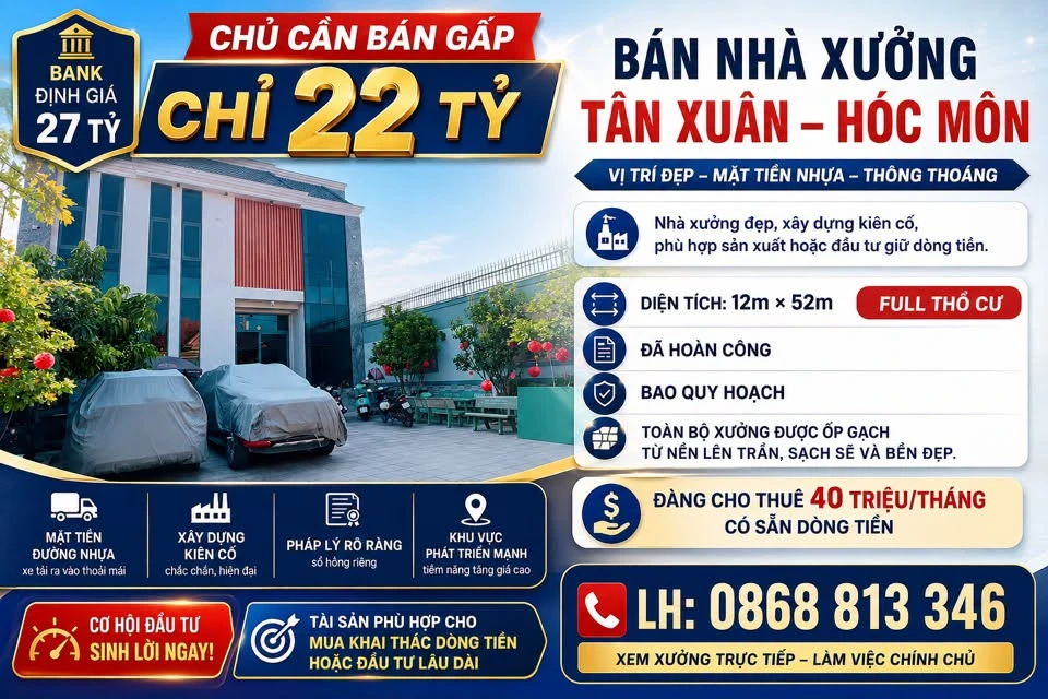 Bán nhà xưởng mặt tiền nhựa 12x52m full thổ cư, đang cho thuê 40 triệu/tháng, thị trấn Hóc Môn - Ảnh 1