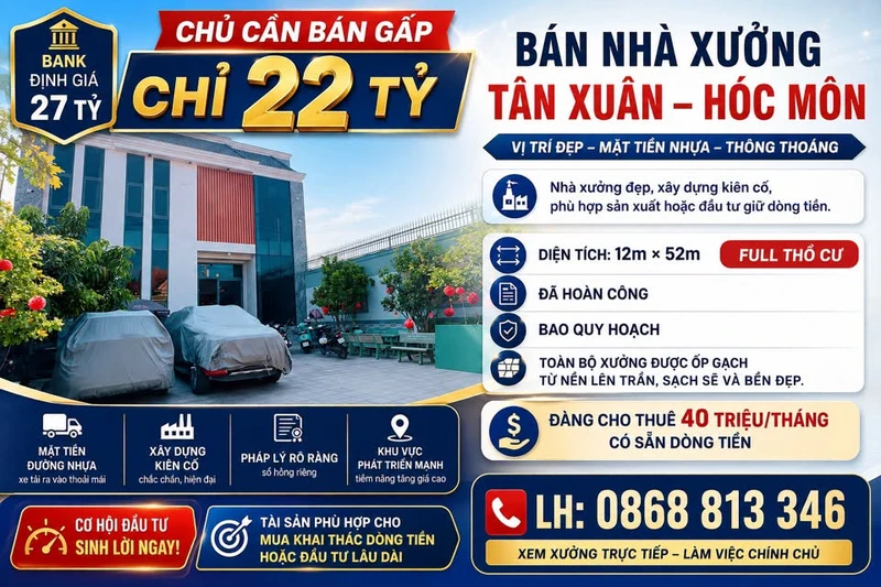 Bán nhà xưởng mặt tiền nhựa 12x52m full thổ cư, đang cho thuê 40 triệu/tháng, thị trấn Hóc Môn