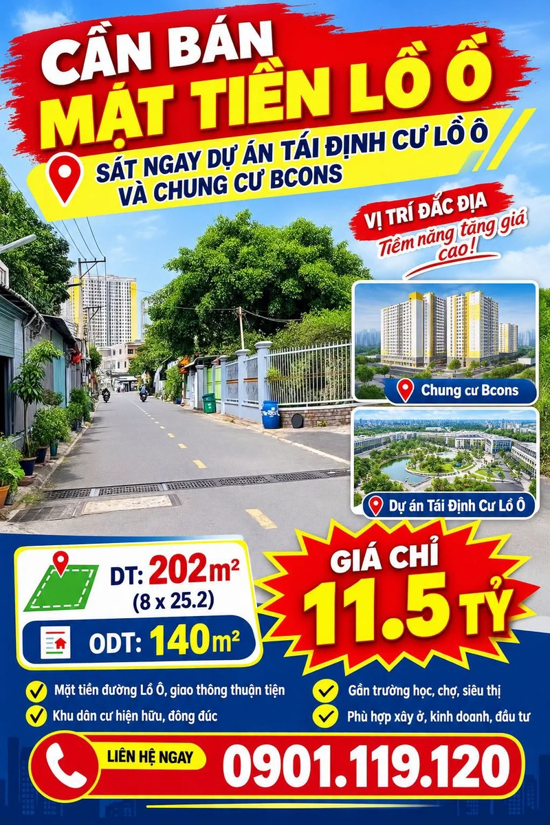 Bán đất mặt tiền Lồ Ồ 202m2 (8x25.2) giá 11,5 tỷ, Dĩ An, Bình Dương - Ảnh 1