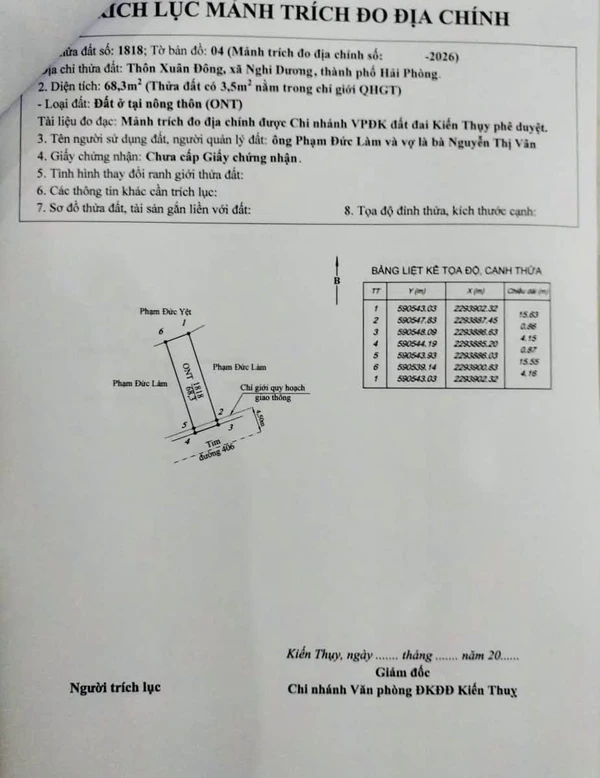 Bán lô đất 68.3m2 mặt tiền 4.15m Hải Phòng 1.3 tỷ