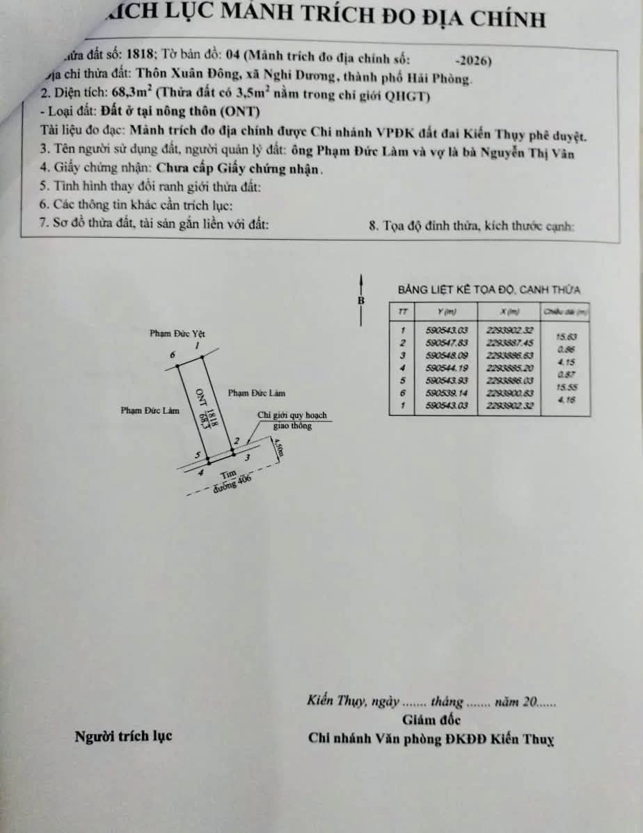 Bán lô đất 68.3m2 mặt tiền 4.15m Hải Phòng 1.3 tỷ - Ảnh 1