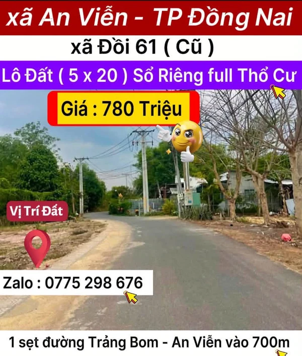 Bán đất An Viễn, Đồng Nai, 100 m², 780 triệu