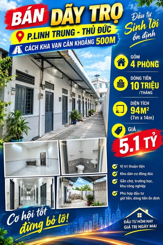 Bán dãy trọ 4 phòng 94m2 Linh Trung, Thủ Đức, giá 5,1 tỷ