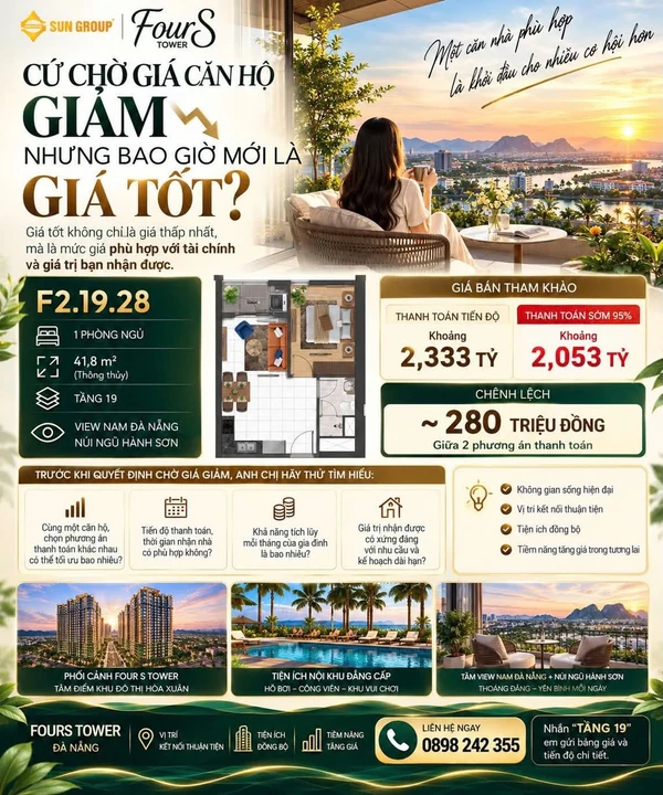 Bán căn hộ 1PN 41,8m² FourS Tower Đà Nẵng giá 2,333 tỷ