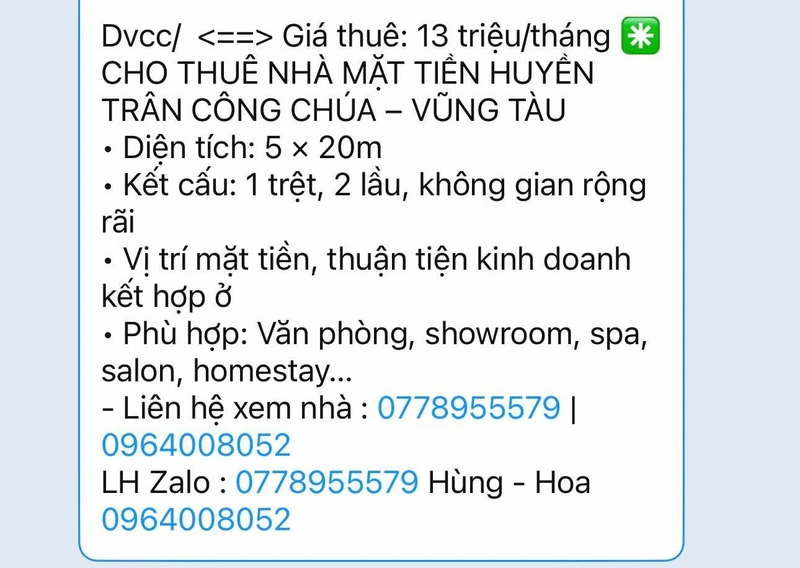 Cho thuê nhà mặt tiền 100m2 Huyền Trân Công Chúa, Vũng Tàu - 13 triệu/tháng