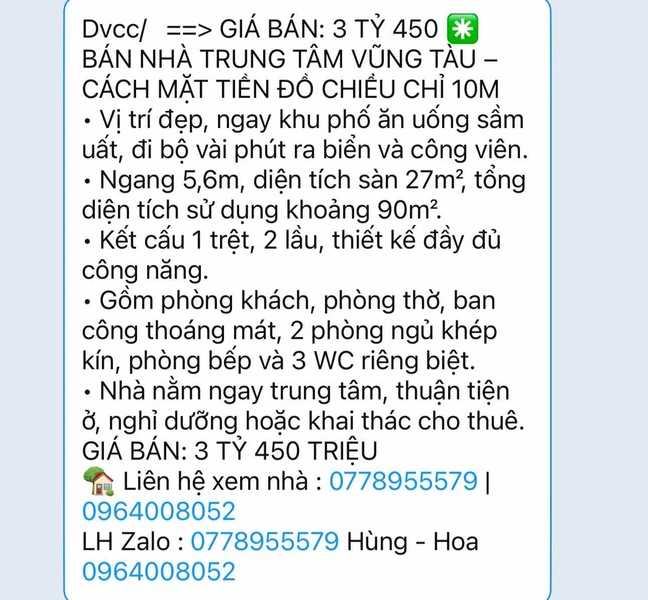 Bán nhà Vũng Tàu 90m² 3 tỷ 450, gần biển
