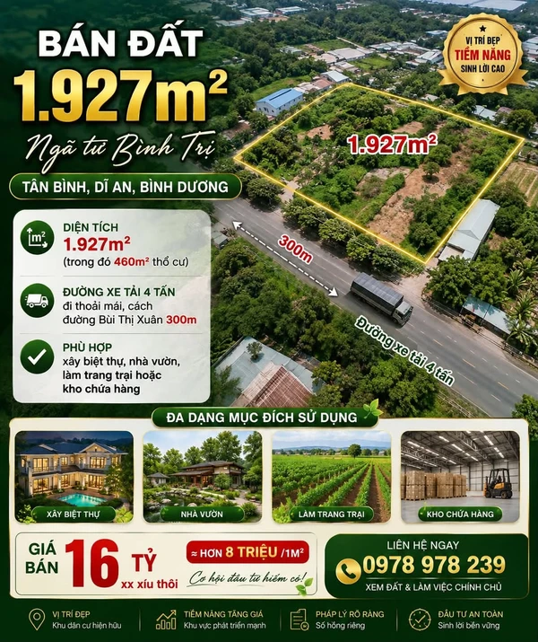 Bán đất 1.927m² (460m² thổ cư) gần ngã tư Bình Trị, Tân Bình, Dĩ An, Bình Dương