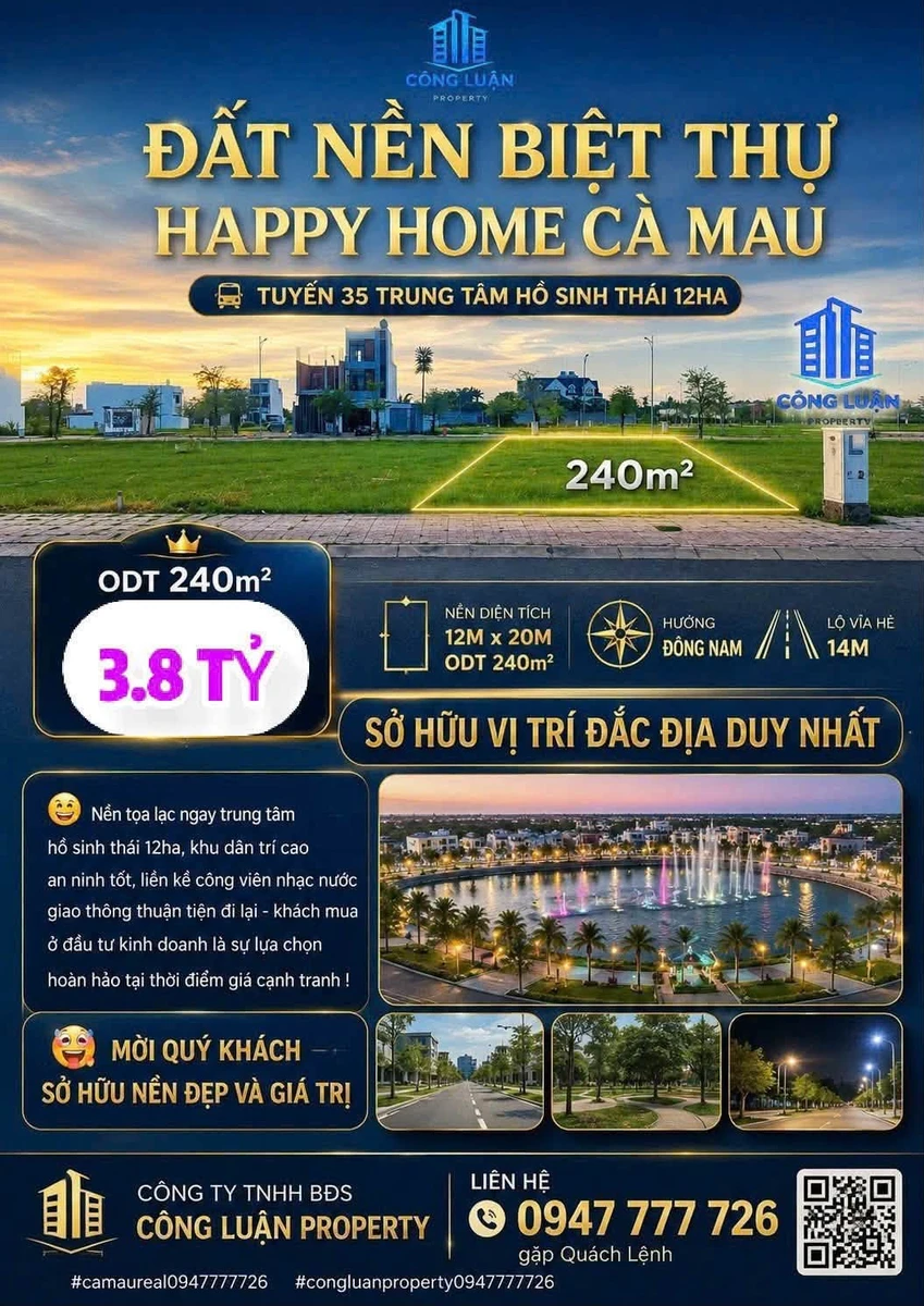 Bán nền biệt thự Happy Home Cà Mau 240m², sổ hồng riêng, giá 3,8 tỷ, phường Tân Thành - Ảnh 1