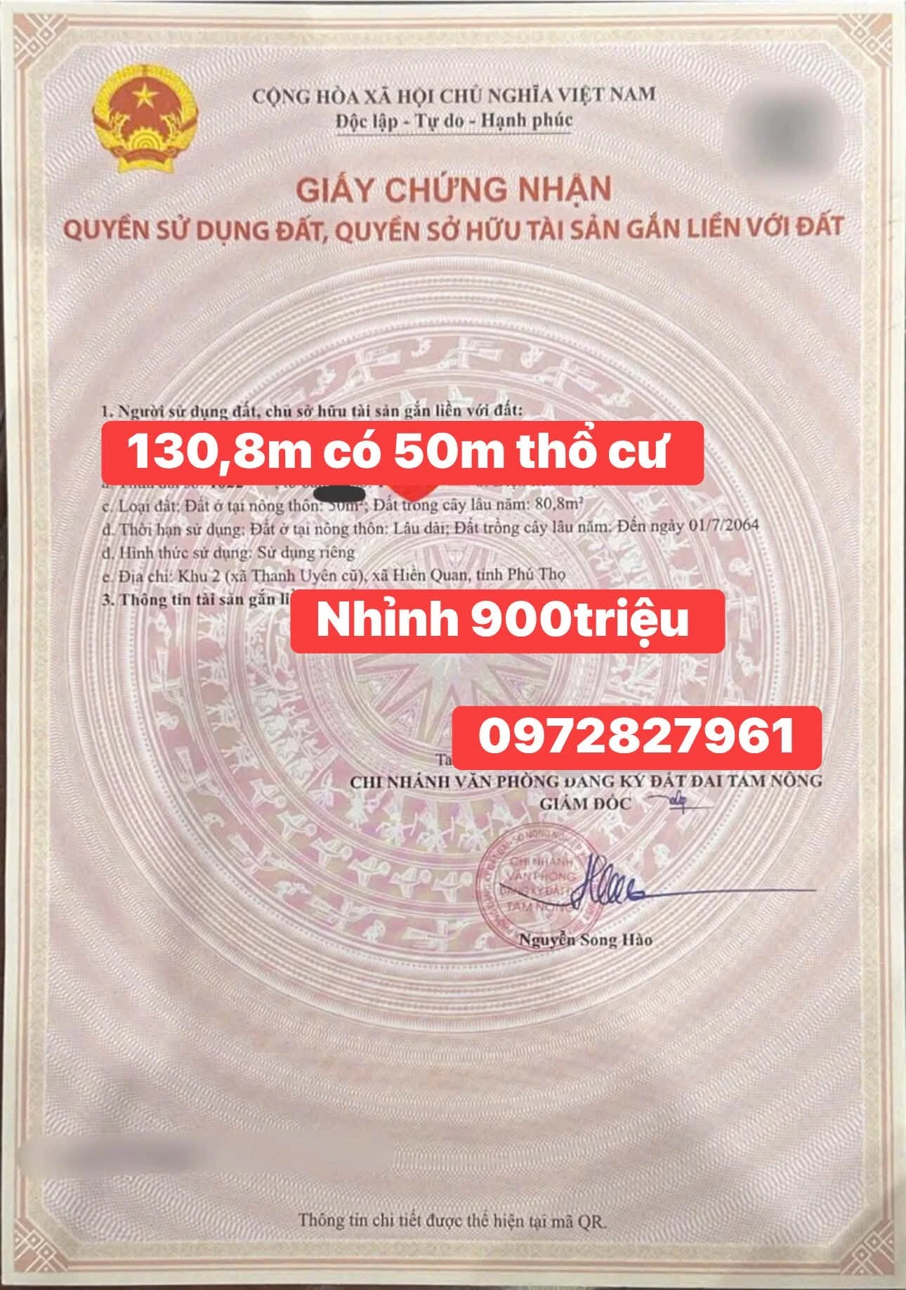 Bán đất 130m2 mặt tiền rộng Hiền Quan 900 triệu - Ảnh 1