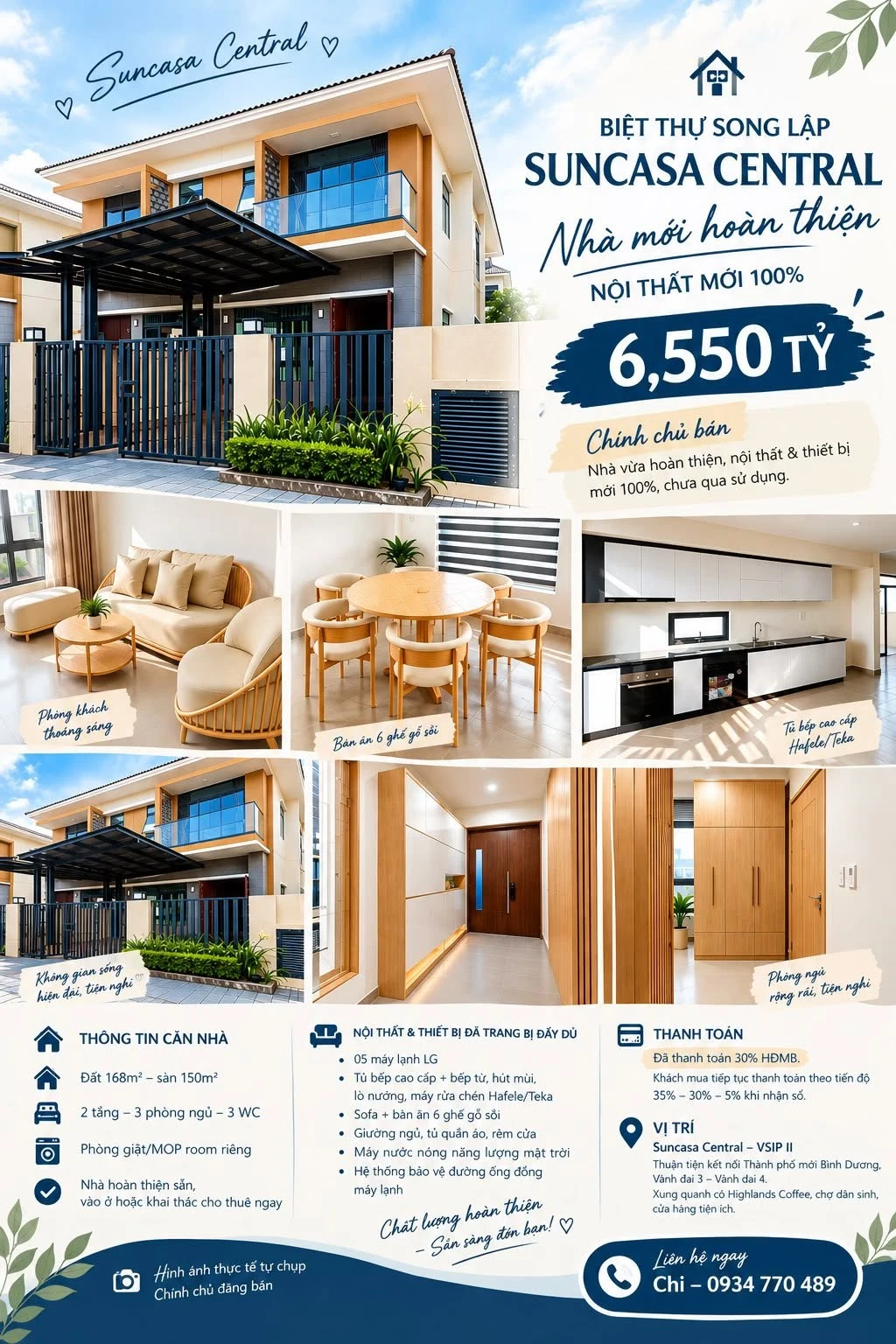 Bán biệt thự song lập Suncasa Central VSIP II 168m2, 3PN, giá 6,55 tỷ - Ảnh 1