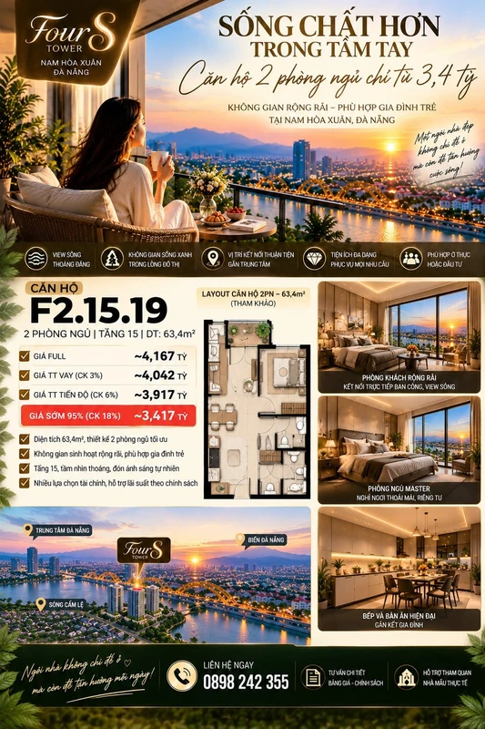 Bán căn hộ 2PN tầng 7 Fours Tower Đà Nẵng 84,4m² với sân ngoài trời