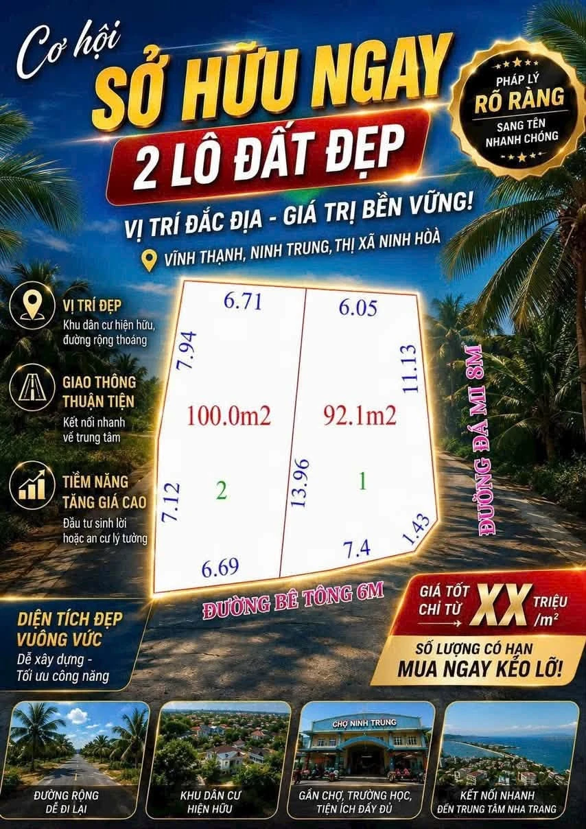 Bán 2 lô đất thổ cư 100m² và 92,2m² giá 220 triệu/lô tại Vĩnh Thạnh, Ninh Trung - Ảnh 1