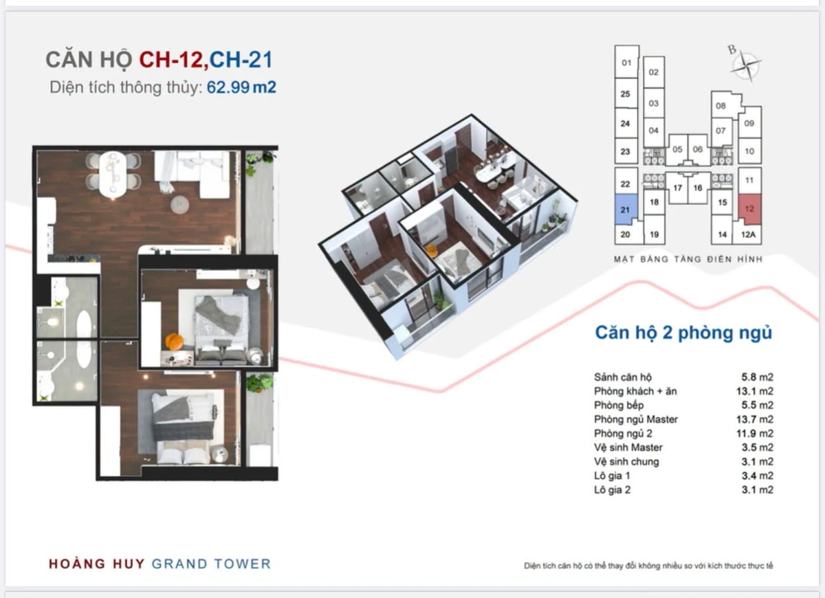 Bán căn hộ 2PN 63m² Hoàng Huy Grand Tower 2,2 tỷ - Ảnh 1