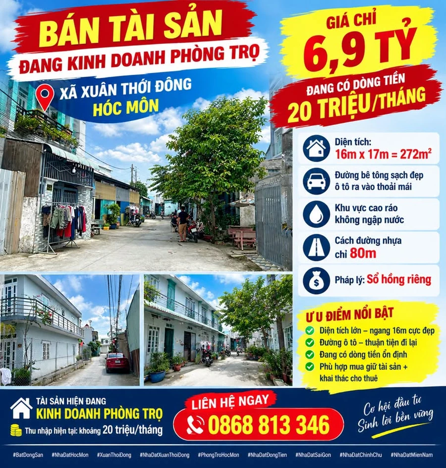Bán tài sản đang kinh doanh phòng trọ 272m² tại Xuân Thới Đông, Hóc Môn giá 6,9 tỷ - Ảnh 1