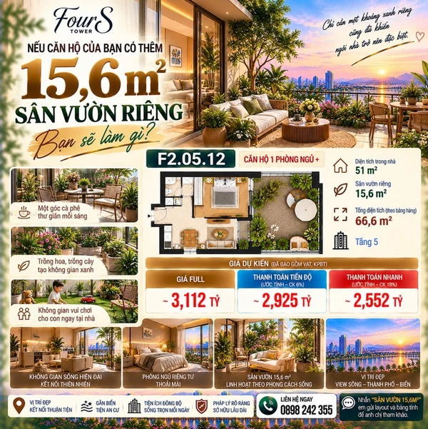 Bán căn hộ 1PN+ sân vườn 15,6m² tại FourS Tower Đà Nẵng